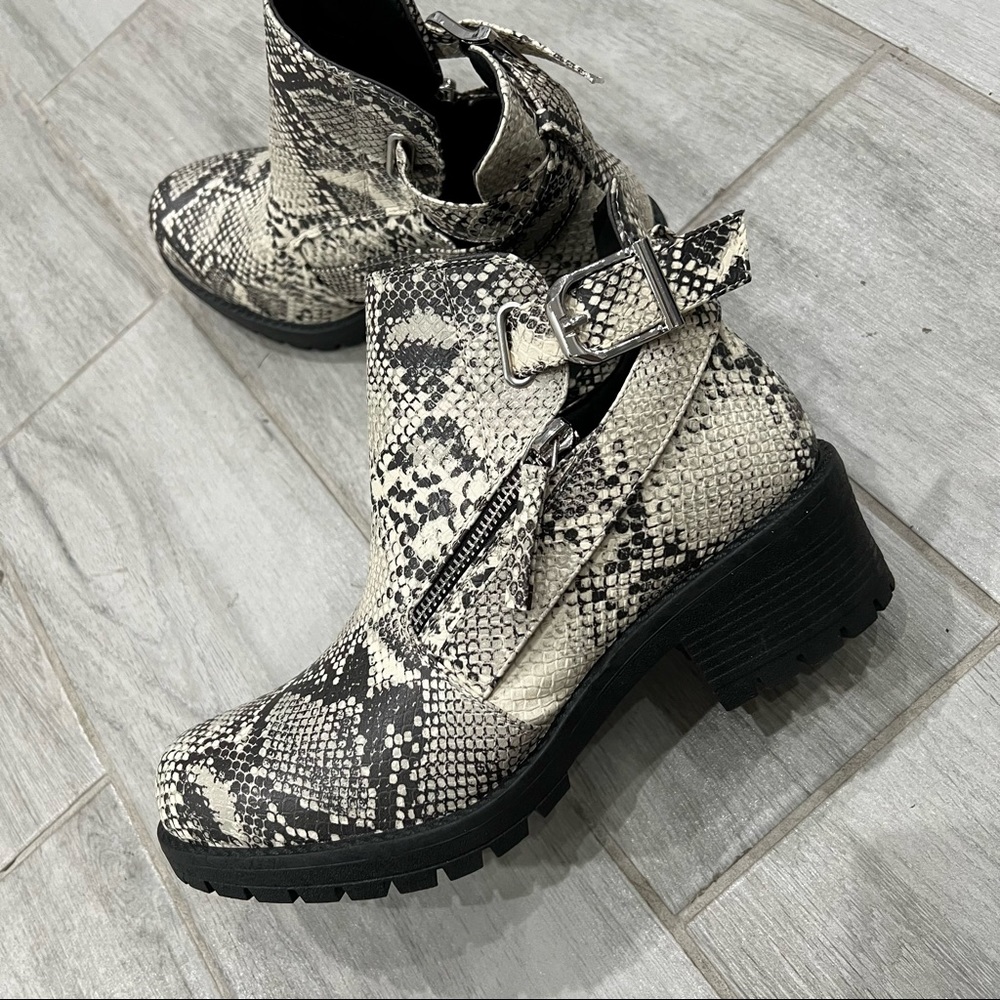 Faux snake skin print booties